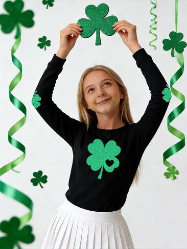 قميص للفتيات لعيد القديس باتريك: تي شيرت للأطفال الأيرلنديين شامروك تي شيرت St Patty's Lucky بأكمام طويلة من 5 إلى 14 سنة in Kuwait