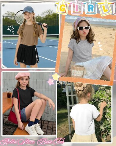 4 Pack Girls Crop Tops Kids Short Rolled Sleeve Shirts Crew Neck Loose Basic Summer Tees Cute Drop Shoulder T Shirts in Saudi Arabia