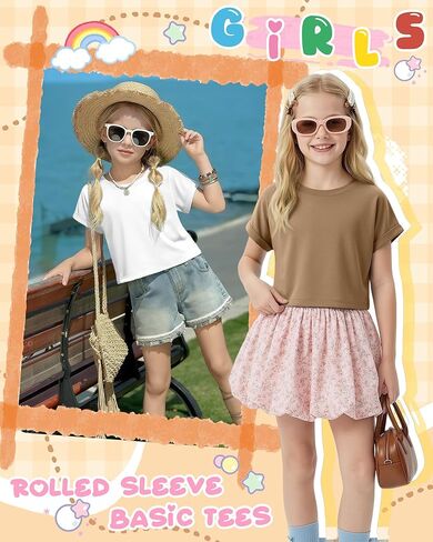 4 Pack Girls Crop Tops Kids Short Rolled Sleeve Shirts Crew Neck Loose Basic Summer Tees Cute Drop Shoulder T Shirts in Saudi Arabia