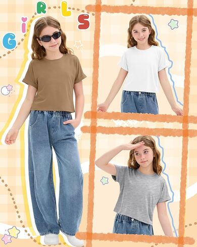 4 Pack Girls Crop Tops Kids Short Rolled Sleeve Shirts Crew Neck Loose Basic Summer Tees Cute Drop Shoulder T Shirts in Saudi Arabia