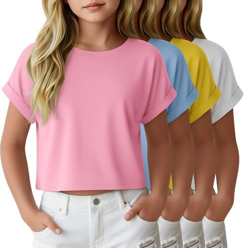 4 Pack Girls Crop Tops Kids Short Rolled Sleeve Shirts Crew Neck Loose Basic Summer Tees Cute Drop Shoulder T Shirts in Saudi Arabia