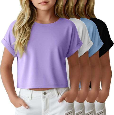 4 Pack Girls Crop Tops Kids Short Rolled Sleeve Shirts Crew Neck Loose Basic Summer Tees Cute Drop Shoulder T Shirts in Saudi Arabia