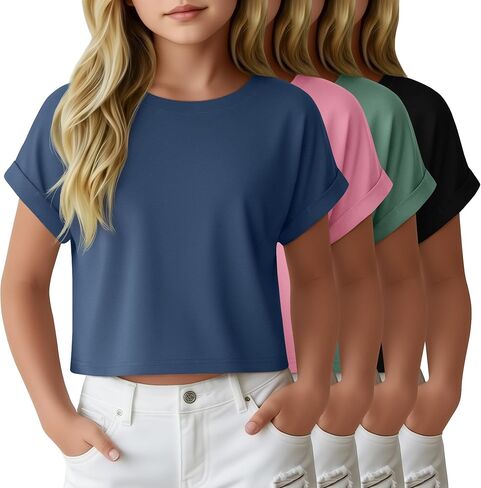 4 Pack Girls Crop Tops Kids Short Rolled Sleeve Shirts Crew Neck Loose Basic Summer Tees Cute Drop Shoulder T Shirts in Saudi Arabia