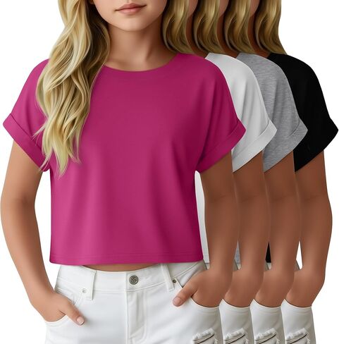 4 Pack Girls Crop Tops Kids Short Rolled Sleeve Shirts Crew Neck Loose Basic Summer Tees Cute Drop Shoulder T Shirts in Saudi Arabia