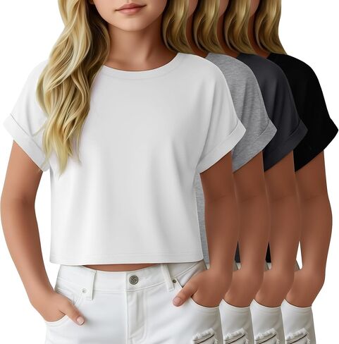 4 Pack Girls Crop Tops Kids Short Rolled Sleeve Shirts Crew Neck Loose Basic Summer Tees Cute Drop Shoulder T Shirts in Saudi Arabia