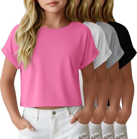 4 Pack Girls Crop Tops Kids Short Rolled Sleeve Shirts Crew Neck Loose Basic Summer Tees Cute Drop Shoulder T Shirts in Saudi Arabia