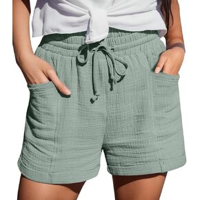 Linen Shorts for Women High Waisted Elastic Waist Drawstring Summer Beach Pants with Pockets Loose Wide Leg Shorts in Saudi Arabia