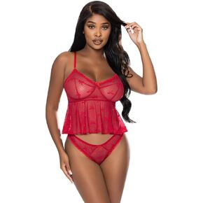 طقم ملابس داخلية سحرية من الحرير مع Love Flutter Cami وCheky Panty باللون الأحمر S/M in Kuwait