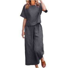Women Summer Set Fashion Comfy Cotton Linen Short Sleeve Shirt with Wide Leg Pants Solid Color Clothes in Kuwait