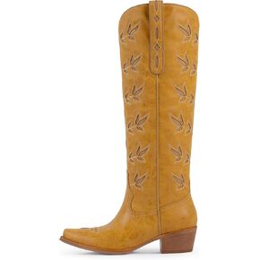 Cowboy Boots for Women Knee High Womens Cowgirl Boots Pointed Toe Chunky Heel Leaf-patterned Embroidered Western Boot with Side Zipper in Kuwait