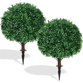 Artificial Boxwood Topiary Ball Trees,2 Set of 16'' UV Resistant Fake Evergreen Shrubs Bushes Plants with Ground Spike, Fake Plants for Outdoor Indoor Front Porch Garden in Kuwait