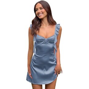 فساتين الساتان لحفلات العودة للوطن - فستان كوكتيل قصير بأشرطة سباغيتي مكشكشة للمراهقين in Kuwait