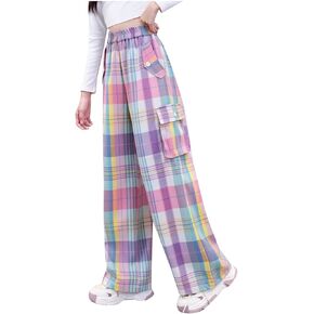 Girls Colorful Plaid Cargo Pants Trendy Y2K Preppy Wide Leg Pants Baggy High Waist Straight Leg Pants Multi Pockets in Kuwait