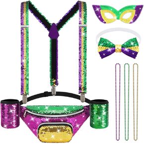 مجموعة أزياء NOVWANG Mardi Gras للرجال، ملحقات ملابس Mardi Gras حزمة فاني الترتر، قناع، حمالات، ربطة عنق و3 قلادات (أرجواني، أخضر، ذهبي) in Kuwait