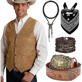 RIOSO Cowboy Outfit for Men Western Suede Leather Vest Belt Necktie Set Men's Cowboy Costume Accessories (without Hat) in Kuwait
