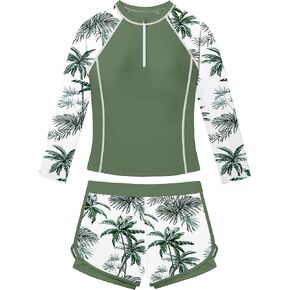 ملابس سباحة للفتيات من Rash Guard مكونة من قطعتين بسحاب ربع وأكمام طويلة للحماية من الشمس بدلة استحمام + شورت سباحة للفتيات 9-16 سنة in Kuwait