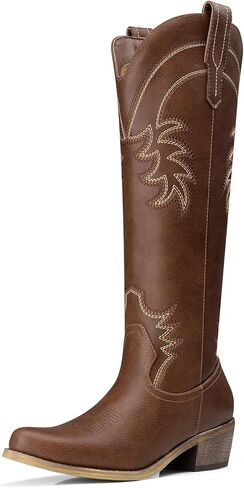 TEMOFON Western Cowboy Boots for Women: Comfortable Pointed Toe Knee High Cowgirl Boots with Chunky Low Heel Tall Boot for Ladies Country Concert Party Outfits in Saudi Arabia