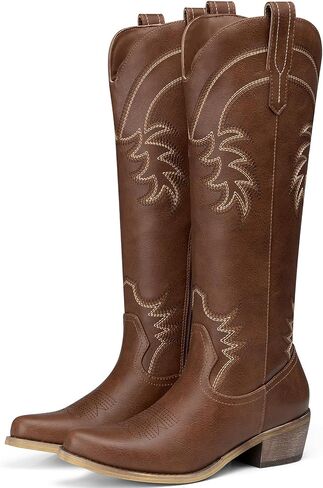 TEMOFON Western Cowboy Boots for Women: Comfortable Pointed Toe Knee High Cowgirl Boots with Chunky Low Heel Tall Boot for Ladies Country Concert Party Outfits in Saudi Arabia