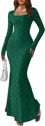MITILLY Women Bodycon Maxi Dress Elegant Square Neck Long Sleeve Floral Lace Sexy Wedding Guest Cocktail Long Dresses New in Saudi Arabia