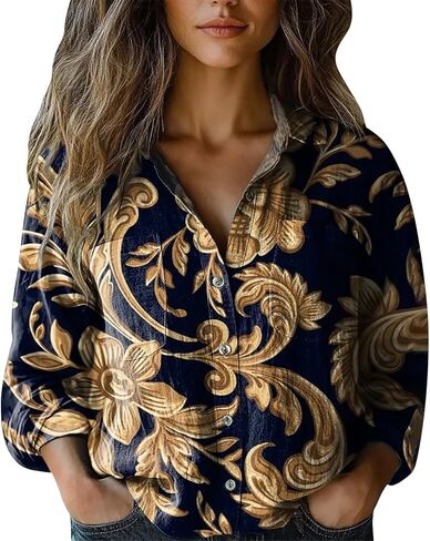 Womens 3/4 Sleeve Boho Tops Vintage Retro Floral Print Shirts Loose Fit Lightweight V Neck Button Down Blouses in Saudi Arabia