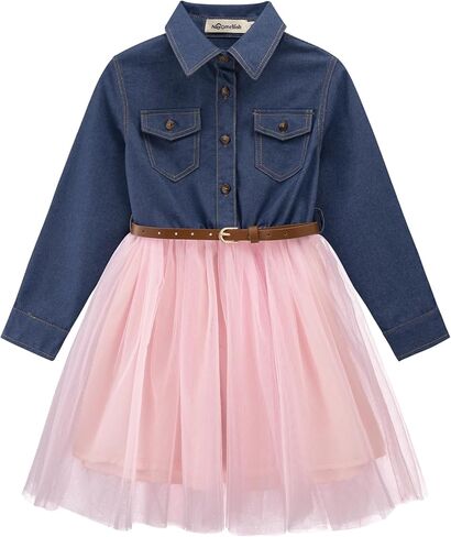 Noomelfish Little Girls Denim Tulle Western Dress Cowgirl Button Down Jean Tutu Dresses with Belt (4-12 Years) in Saudi Arabia
