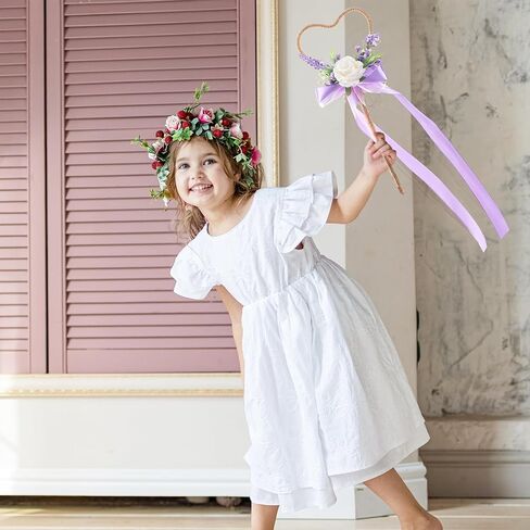 Flower Girl Wand Wedding - Purple Floral Girl Wand Fairy Wand Magic Heart-Shaped Wand with Ribbon for Princess Woodland Wedding Accessories Gift Engagement Photo Shoot in Saudi Arabia