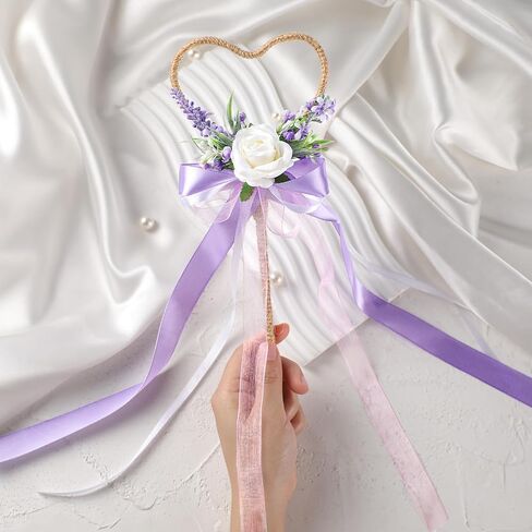 Flower Girl Wand Wedding - Purple Floral Girl Wand Fairy Wand Magic Heart-Shaped Wand with Ribbon for Princess Woodland Wedding Accessories Gift Engagement Photo Shoot in Saudi Arabia