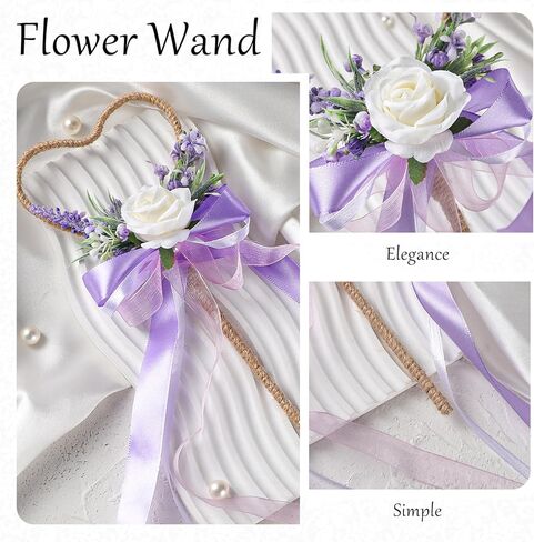 Flower Girl Wand Wedding - Purple Floral Girl Wand Fairy Wand Magic Heart-Shaped Wand with Ribbon for Princess Woodland Wedding Accessories Gift Engagement Photo Shoot in Saudi Arabia