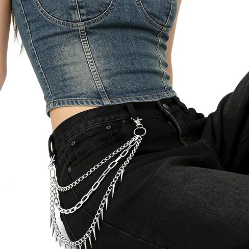 سلسلة السراويل ذات الطبقات المتصاعدة للرجال والنساء سلسلة جيب الجينز الفضي سلسلة المحفظة القوطية الجرونج الشرير الصخرة ملابس الشارع إكسسوارات القوطي حزام حلقة سلسلة in Kuwait