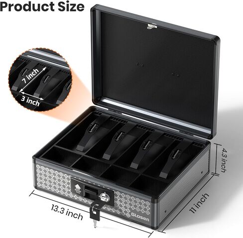 Glosen Cash Box with Lock, Money Box with Key Lock & Removable Coin Tray 13.5 * 4.31 * 11.4inch (Black, Large) in Saudi Arabia