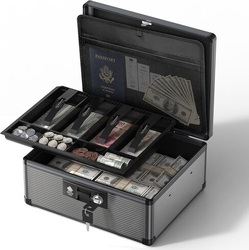 Glosen Cash Box with Lock, Money Box with Key Lock & Removable Coin Tray 13.5 * 4.31 * 11.4inch (Black, Large) in Saudi Arabia