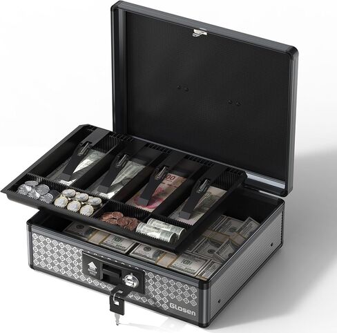 Glosen Cash Box with Lock, Money Box with Key Lock & Removable Coin Tray 13.5 * 4.31 * 11.4inch (Black, Large) in Saudi Arabia