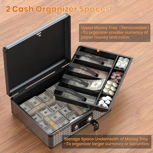 Glosen Cash Box with Lock, Money Box with Key Lock & Removable Coin Tray 13.5 * 4.31 * 11.4inch (Black, Large) in Saudi Arabia
