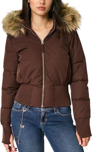 Yimoon Women's Cropped Puffer Jacket Winter Warm Quilted Jacket Faux Fur Hooded Puffer Bomber Padded Coat in Saudi Arabia