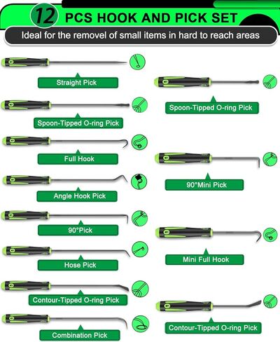 مجموعة أدوات اختيار وخطاف دقيقة مكونة من 12 قطعة، مجموعة أدوات اختيار طويلة وقصيرة لإزالة حشية زيت السيارة/حلقة دائرية، مزيل سحب الخطافات مع قبضة مضادة للانزلاق، مجموعة اختيار ميكانيكي للسيارات in Kuwait
