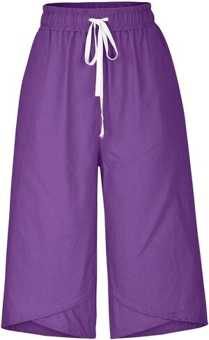 Capris Pants for Women High Waisted Cotton Linen Straight Leg Loose Beach Bermuda Shorts with Pockets in Saudi Arabia