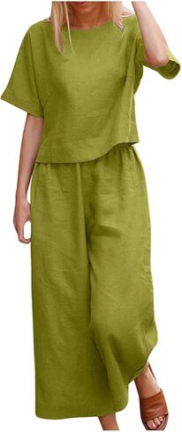 2 Piece Summer Set for Women Loose Fit Short Sleeve Tops with Wide Leg Pants Travel Outfits in Saudi Arabia