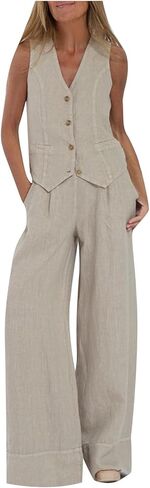 Cotton Linen Summer Set for Women Sleeveless Button Down Tank Tops with Wide Leg Pants Casual Outfits in Saudi Arabia