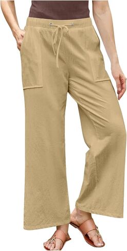 Women Cotton Linen Pants Loose Fit Wide Leg Casual Palazzo Pants Loose Solid Comfy Trousers in Saudi Arabia