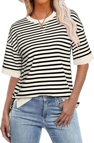 Glamaker Short Sleeve Lightweight Sweatshirt For Women Crewneck Striped Shirt Pullover Tops Loose Blouses in Saudi Arabia