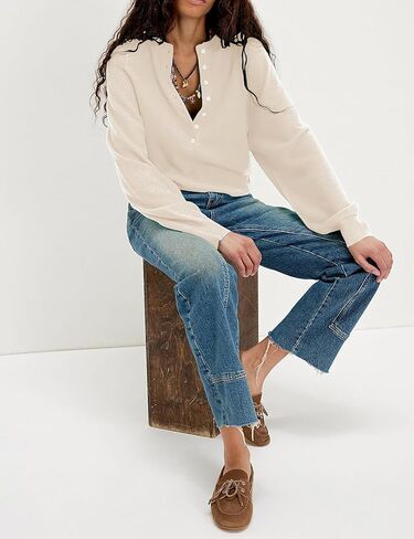 Women's Half Button Down Pullover Knit Sweater Casual Henley Long Sleeve Tunic Tops Loose Fit Trendy Outfits in Saudi Arabia