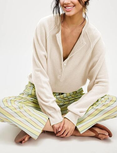 Women's Half Button Down Pullover Knit Sweater Casual Henley Long Sleeve Tunic Tops Loose Fit Trendy Outfits in Saudi Arabia