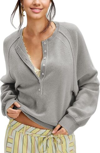 Women's Half Button Down Pullover Knit Sweater Casual Henley Long Sleeve Tunic Tops Loose Fit Trendy Outfits in Saudi Arabia