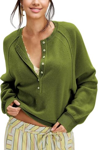 Women's Half Button Down Pullover Knit Sweater Casual Henley Long Sleeve Tunic Tops Loose Fit Trendy Outfits in Saudi Arabia