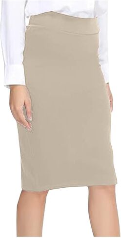 Women's Knitted Bodycon Midi Skirt - Solid Mid High Waist Fitted Pencil Skort, Stretchy Short Length Skirt for Spring in Saudi Arabia