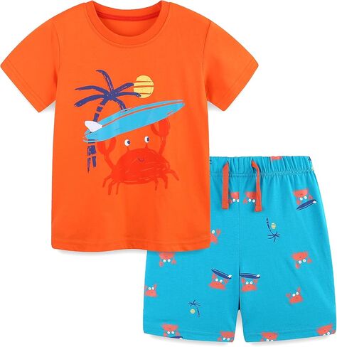 Toddler Boy Short Set Two Piece Outfit Crew Neck Top and Pull On Shorts Clothing Set for Daily Wear in Saudi Arabia