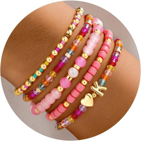 Turandoss Easter Gifts for Kids Teen Girls - 5PCS 14K Gold Plated Dainty Beaded Bracelet Set Stack, Colorful Letter Charm Stretch Bracelets Beads Ball for Toddler Teens Daughter Easter Jewelry Gifts in Saudi Arabia