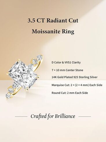 3.5 Carat Elegant Radiant Cut Moissanite Engagement Ring for Women, S925 Silver Lab-Created D Color VVS1 Clarity Moissanite Promise Ring with 14K Gold Plated in Saudi Arabia