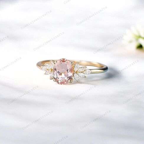 8X6MM شكل بيضاوي خمر الياقوت النساء الماس العنقودية بيان مجوهرات 14K الذهب الأصفر آرت ديكو الوردي الأحجار الكريمة وعد الدائري سبتمبر جوهرة عيد ميلاد هدية الدائري in Saudi Arabia