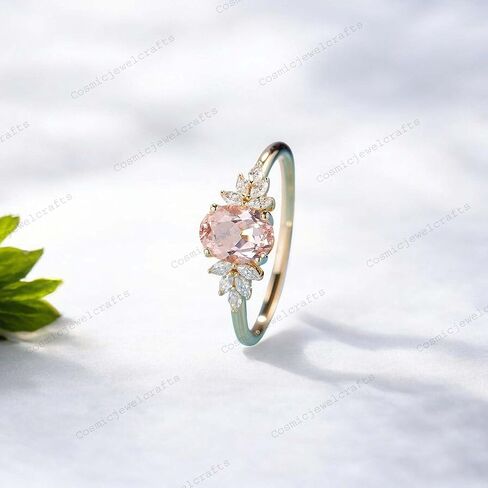 8X6MM شكل بيضاوي خمر الياقوت النساء الماس العنقودية بيان مجوهرات 14K الذهب الأصفر آرت ديكو الوردي الأحجار الكريمة وعد الدائري سبتمبر جوهرة عيد ميلاد هدية الدائري in Saudi Arabia